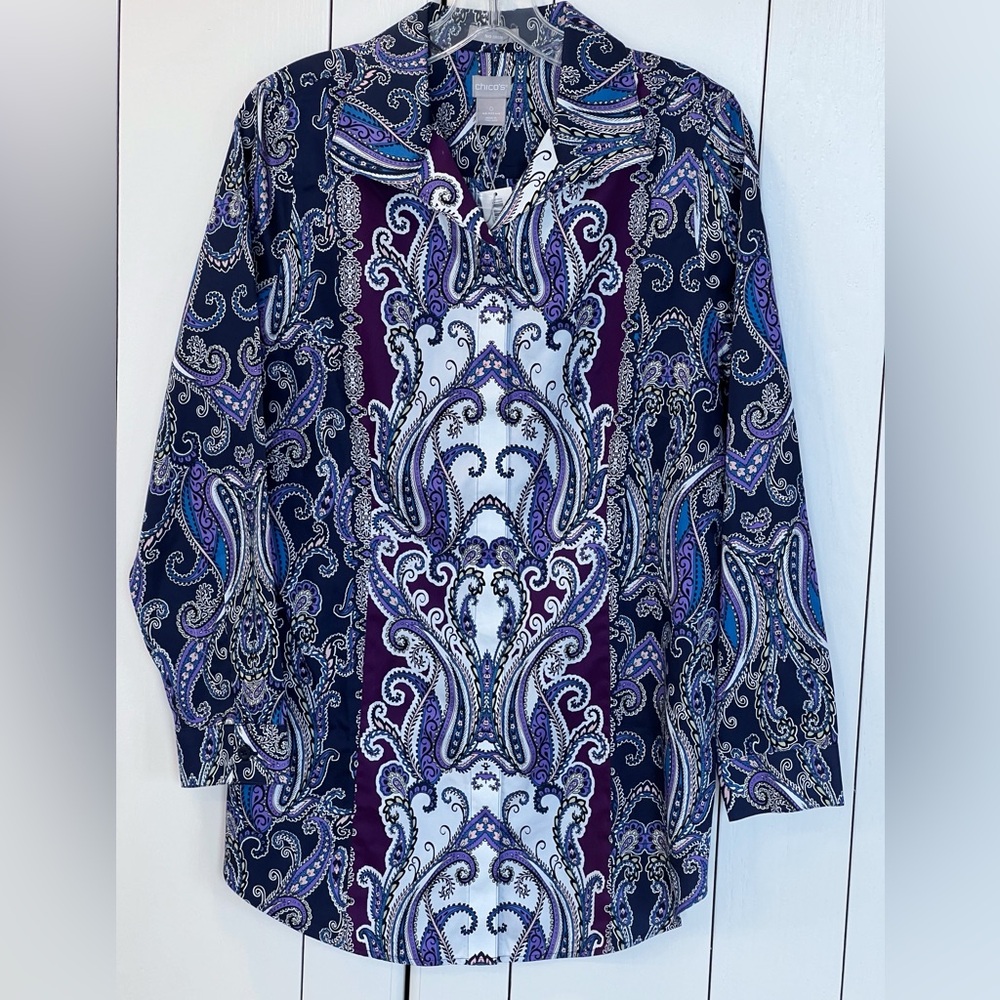 NWT CHICOS PAISLEY NO IRON BUTTON DOWN TUNIC BLOUSE PURPLE SIZE 0
